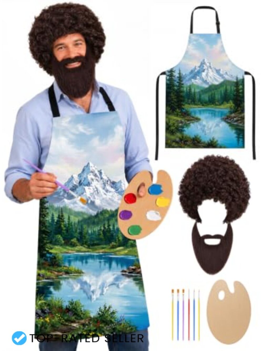 80s Painter Costume Set 10pc Afro Wig Beard Apron Palette Brushes Adult Unisex